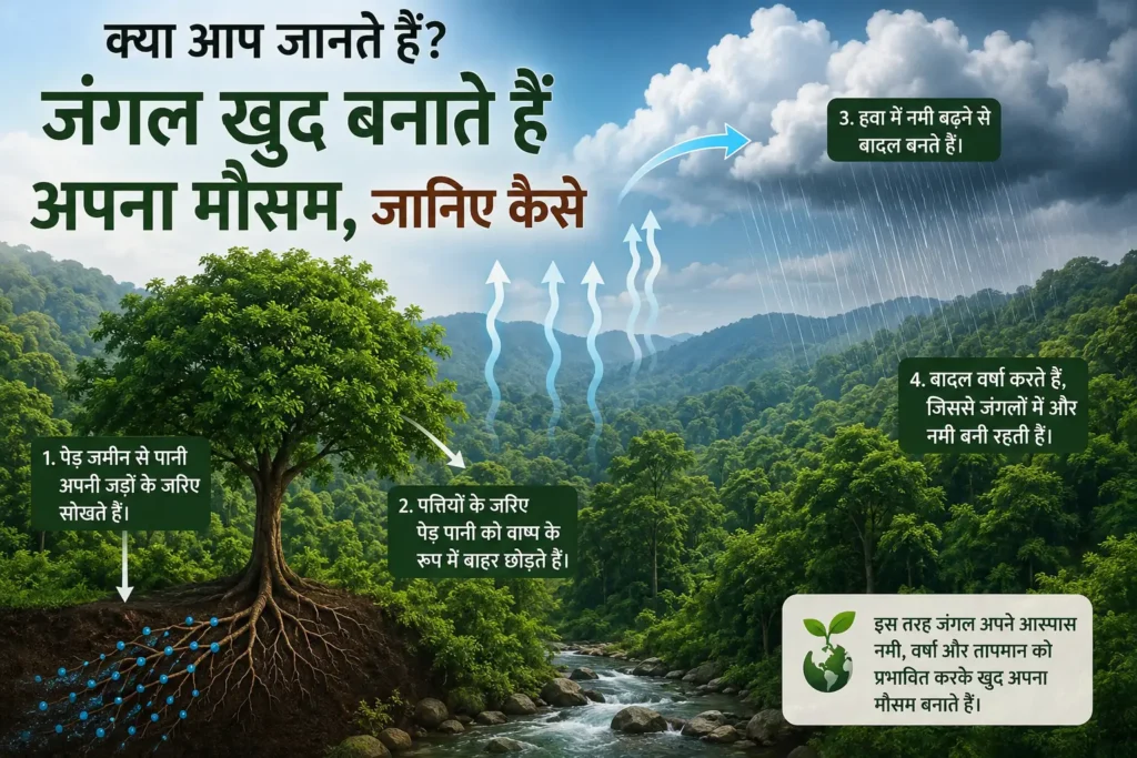 घने जंगलों का दृश्य जो दिखाता है कि पेड़ वाष्पोत्सर्जन के माध्यम से नमी बढ़ाकर बादल और वर्षा बनाते हैं तथा अपना स्थानीय मौसम तैयार करते हैं।