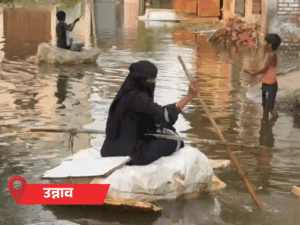 प्रयागराज में तेज बारिश, बरेली में मंदिर नदीं में समाया:उन्नाव में जुगाड़ की नाव से आ-जा रहे लोग, 36 जिलों में अलर्ट