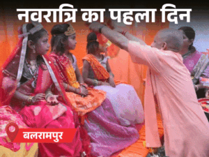 योगी ने कन्याओं की पूजा की, गिफ्ट दिए:मां पाटेश्वरी की पूजा की, विंध्याचल में जबरदस्त भीड़, 3 लाख भक्तों ने दर्शन किए